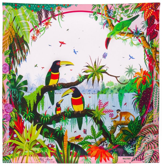 Carré de soie 67, Twill de soie imprimé Toucan à la cascade de l'Artiste Alain Thomas Col 3 Rose