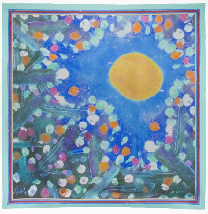 Carré de soie 67, Pongé de soie imprimé Clairière de l'Artiste Thuy Col 3 Bleu