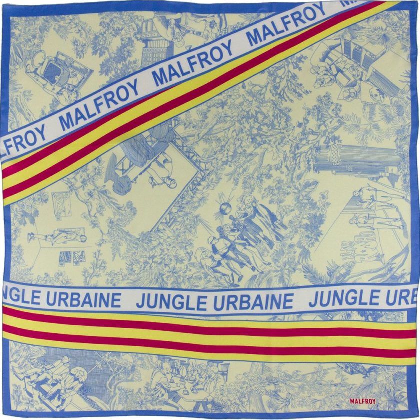 Bandana soie, Twill de soie imprimé Jungle Urbaine col 7 bleu