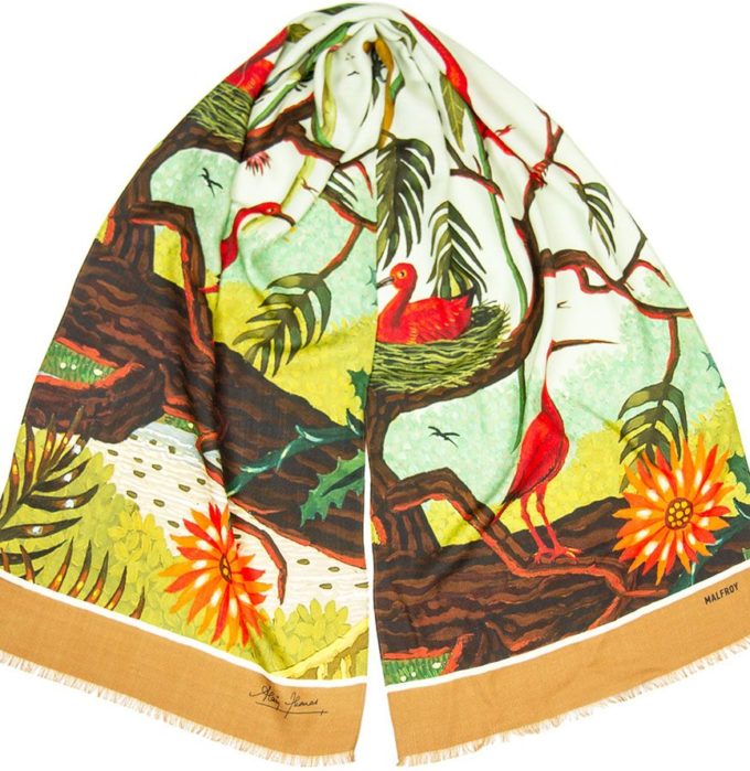 Echarpe en laine et soie imprimé Ibis de l'artiste Alain Thomas Col 3 caramel
