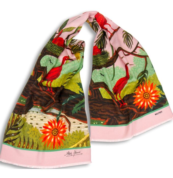 Echarpe en laine et soie imprimé Ibis de l'artiste Alain Thomas Col 7 Rose