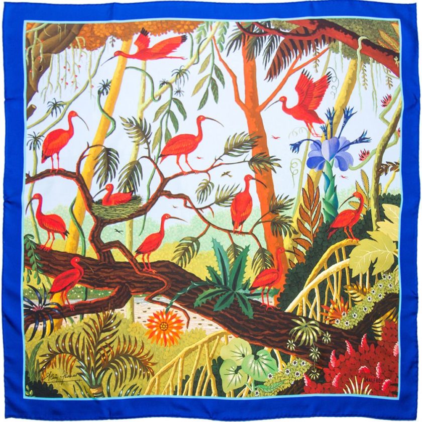 Carré de soie, twill de soie imprimé Ibis Rouge de l'artiste Alain Thomas col 2 bleu