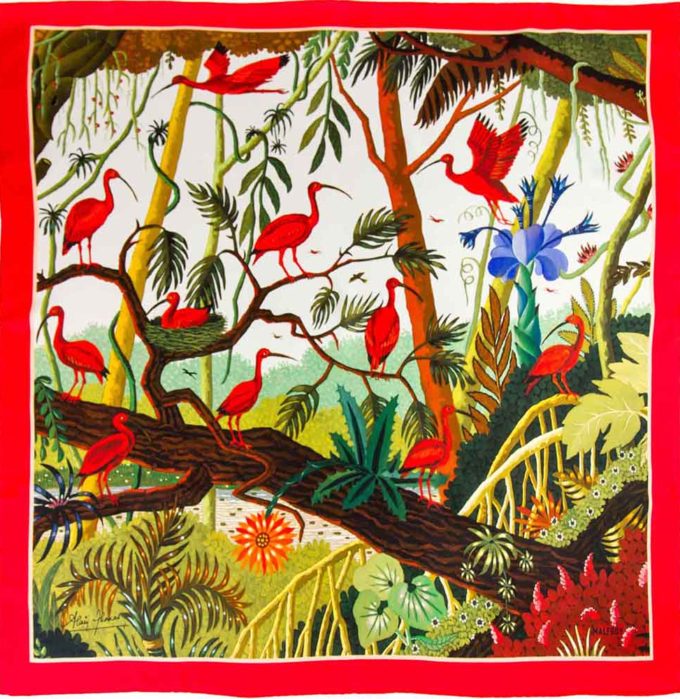 Carré de soie, twill de soie imprimé Ibis Rouge de l'artiste Alain Thomas col 5 Rouge