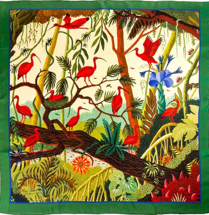 Carré de soie, twill de soie imprimé Ibis Rouge de l'artiste Alain Thomas col 7 Vert