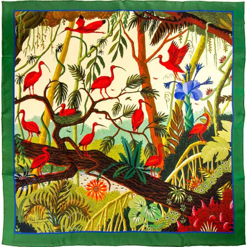 Carré de soie, twill de soie imprimé Ibis Rouge de l'artiste Alain Thomas col 7 Vert