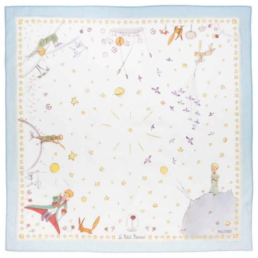 carré en coton soie 67 imprimé rêverie du Petit Prince col 1 Bleu Ciel