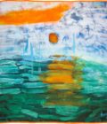 carré de soie, twill de soie imprimé Soleil en mer de l'artiste Thuy col 1 Orange Vert
