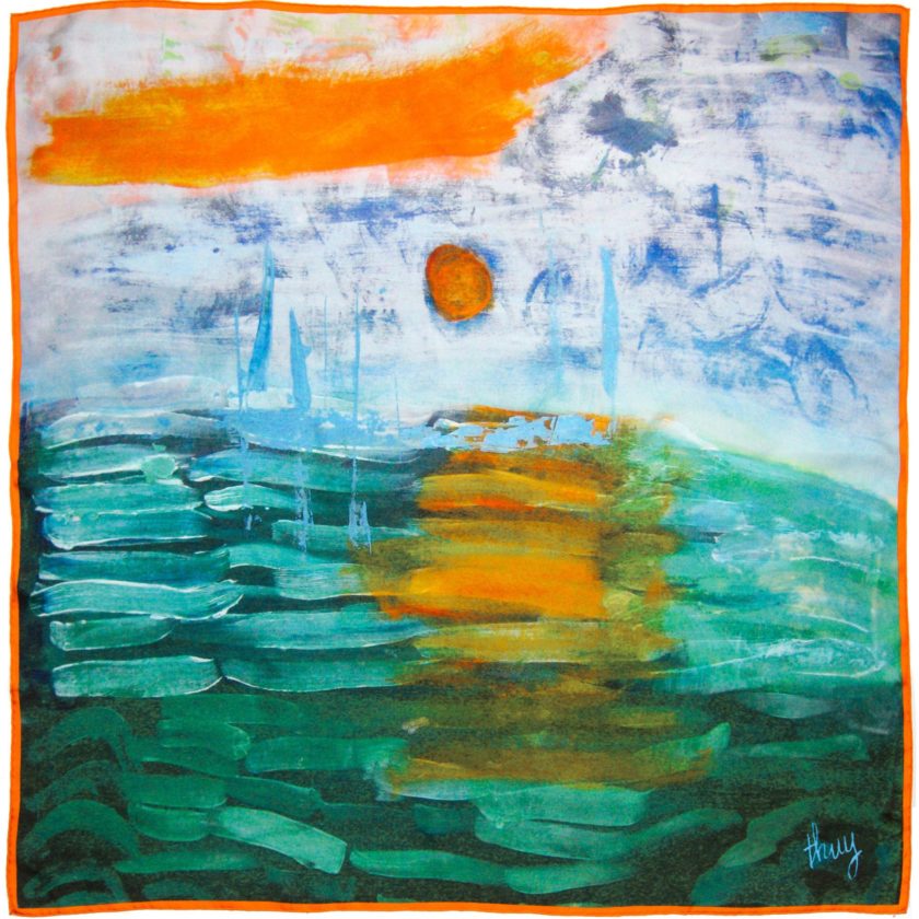 carré de soie, twill de soie imprimé Soleil en mer de l'artiste Thuy col 1 Orange Vert