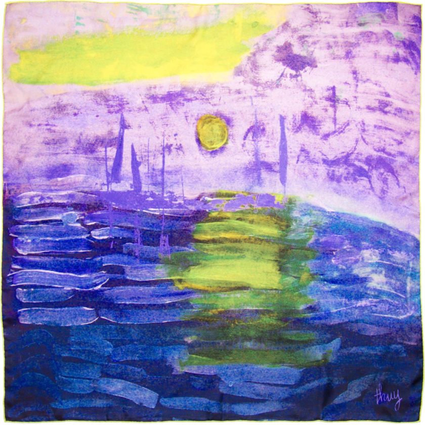 carré de soie, twill de soie imprimé Soleil en mer de l'artiste Thuy col 2 Violet Jaune