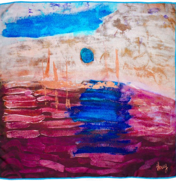 carré de soie, twill de soie imprimé Soleil en mer de l'artiste Thuy col 3 Prune Turquoise
