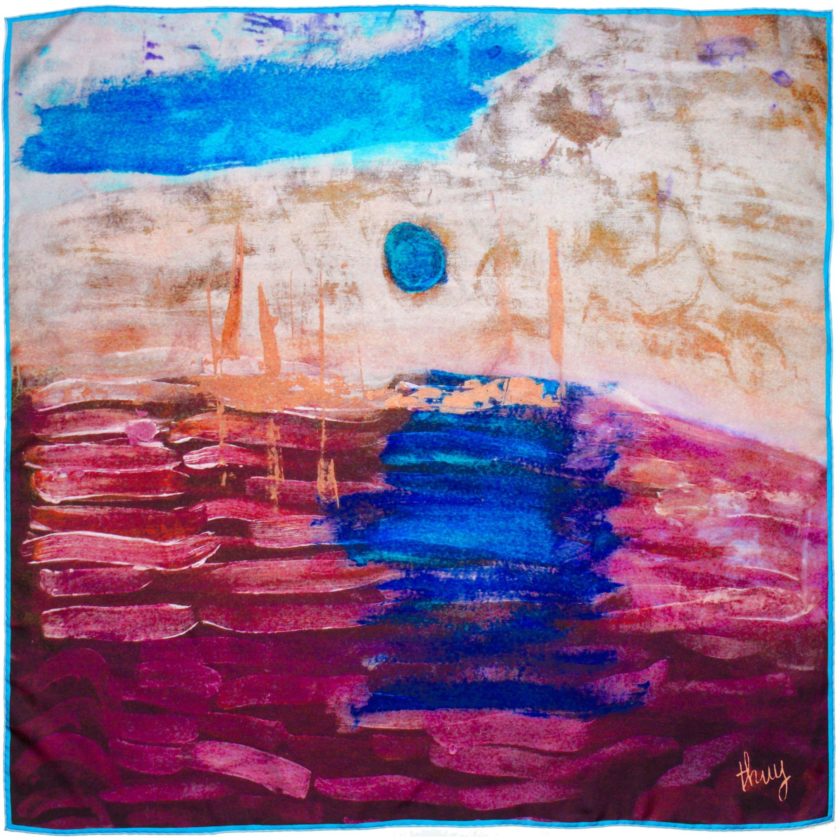 carré de soie, twill de soie imprimé Soleil en mer de l'artiste Thuy col 3 Prune Turquoise