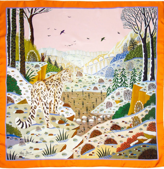 Carré de soie 90, twill de soie imprimé Panthère des neiges de l'artiste Alain Thomas col 1 Orange