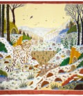 Carré de soie 90, twill de soie imprimé Panthère des neiges de l'artiste Alain Thomas col 3 Marron