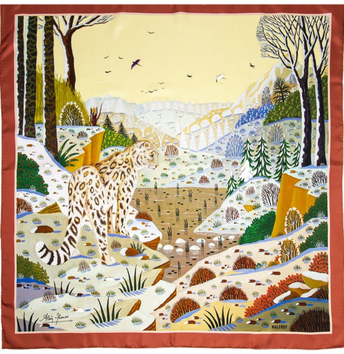 Carré de soie 90, twill de soie imprimé Panthère des neiges de l'artiste Alain Thomas col 3 Marron