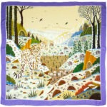 Carré en laine et soie 120 imprimée Panthère des neiges de l’Artiste Alain Thomas – Violet