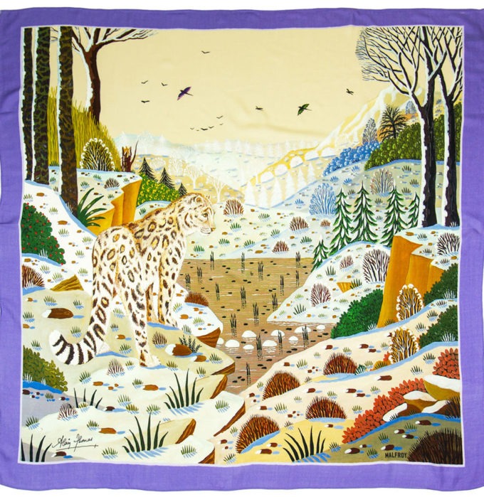 Carré en laine et soie 120 imprimée Panthère des neiges de l'Artiste Alain Thomas col 1 Violet
