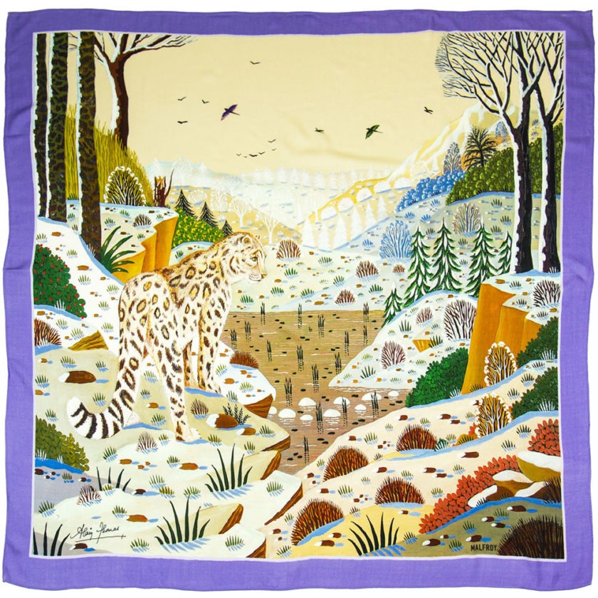 Carré en laine et soie 120 imprimée Panthère des neiges de l'Artiste Alain Thomas col 1 Violet