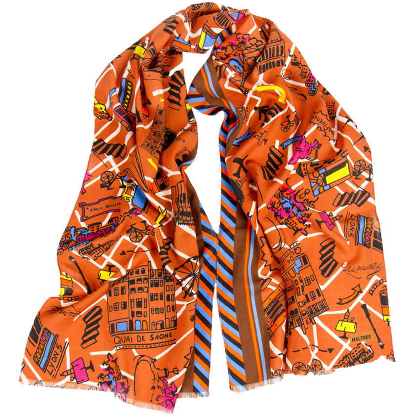 Echarpe en laine et soie 67x180 Imprimé City Maps - Orange