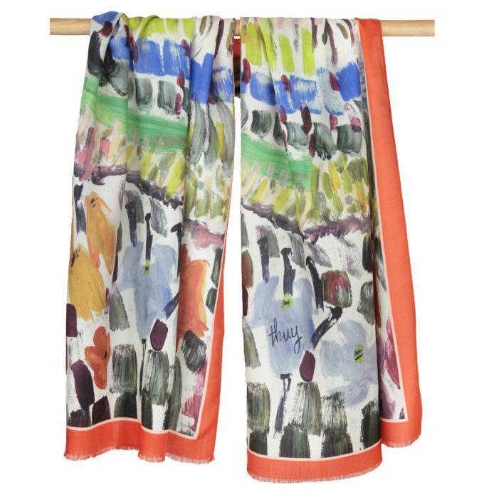 Echarpe en laine et soie 67x180 imprimée Grand Jardin de l'artiste Thuy - Orange