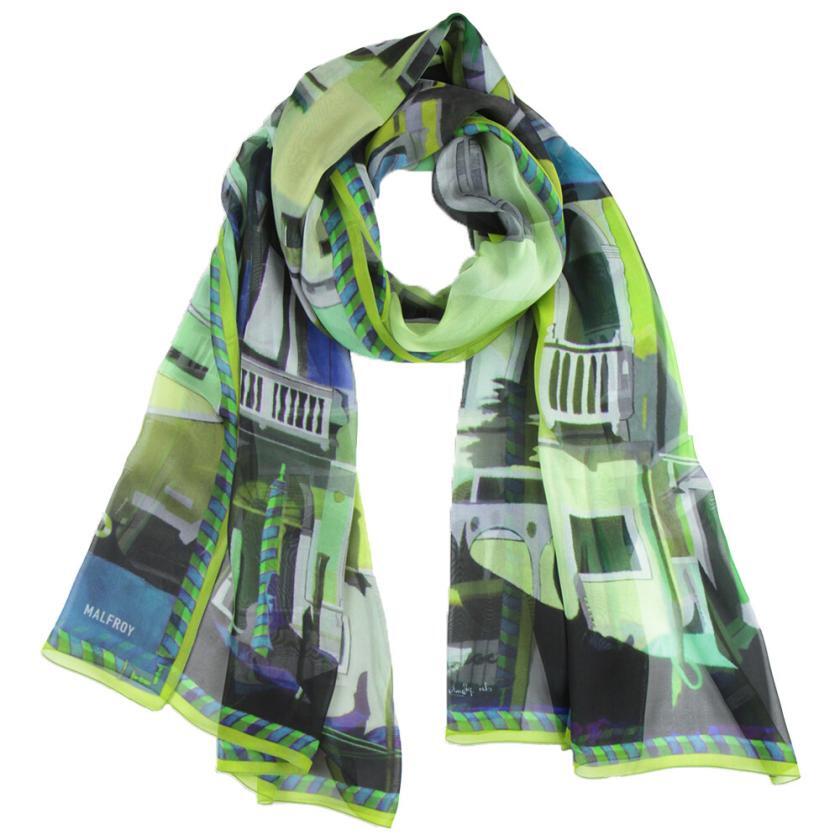 Echarpe en soie 67x180, mousseline de soie imprimée Les Gondoles de l'artiste Anne du Planty - Vert