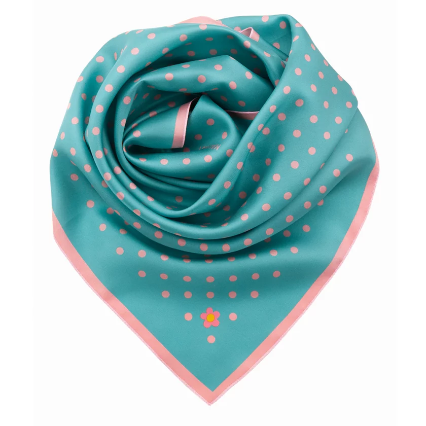 Carré de soie 67, twill de soie imprimé Pois - Turquoise Rose