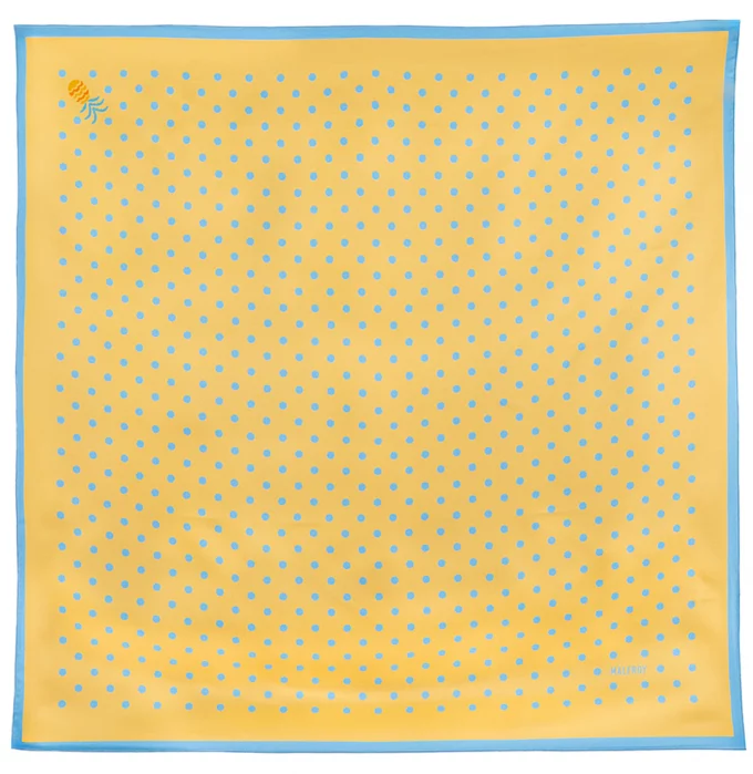 Carré de soie 67, twill de soie imprimé Pois - Jaune Bleu