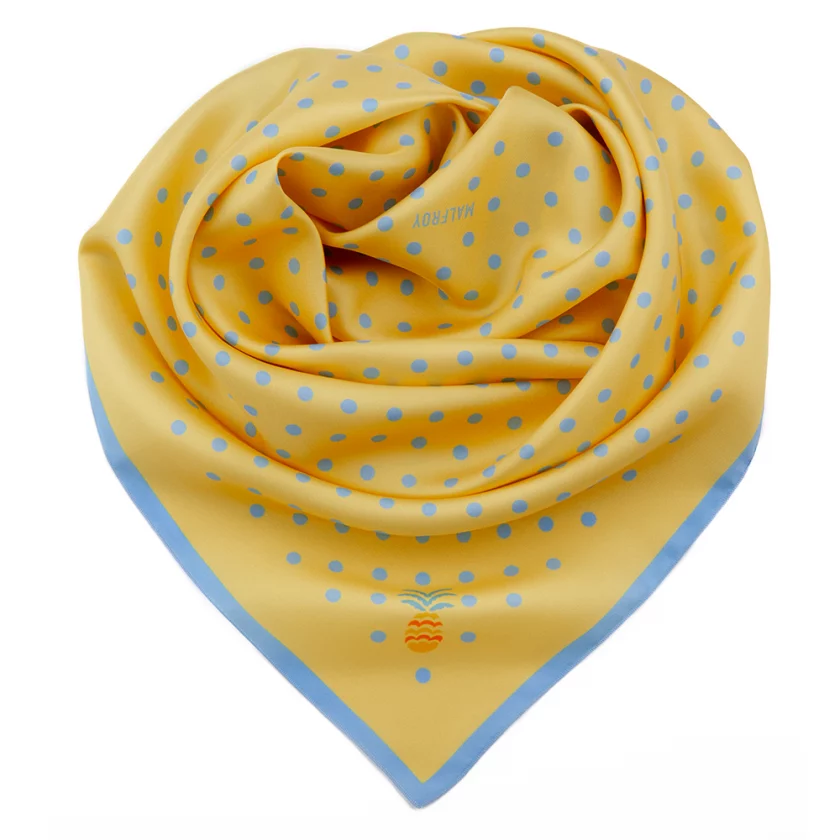 Carré de soie 67, twill de soie imprimé Pois - Jaune Bleu