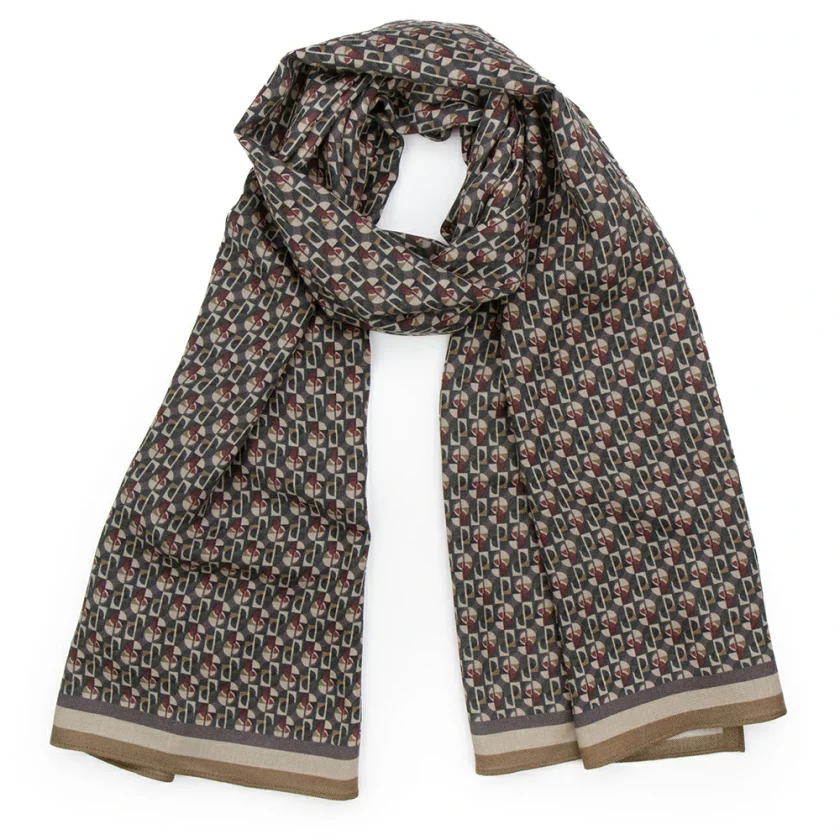 Echarpe en laine et soie 67x180 imprimée Dots and squares - Marron