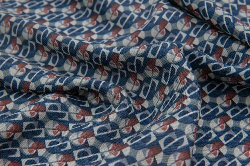 Echarpe en laine et soie 46x180 imprimée Ronds et carrés - Bleu