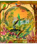 Carré de soie 90, twill de soie imprimé Quetzal au jardin d'Eden de l'artiste Alain Thomas - Orange