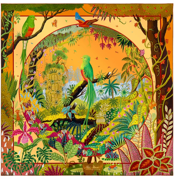 Carré de soie 90, twill de soie imprimé Quetzal au jardin d'Eden de l'artiste Alain Thomas - Orange