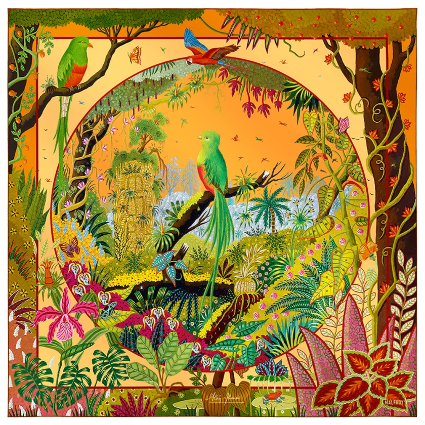 Carré de soie 90, twill de soie imprimé Quetzal au jardin d'Eden de l'artiste Alain Thomas - Orange