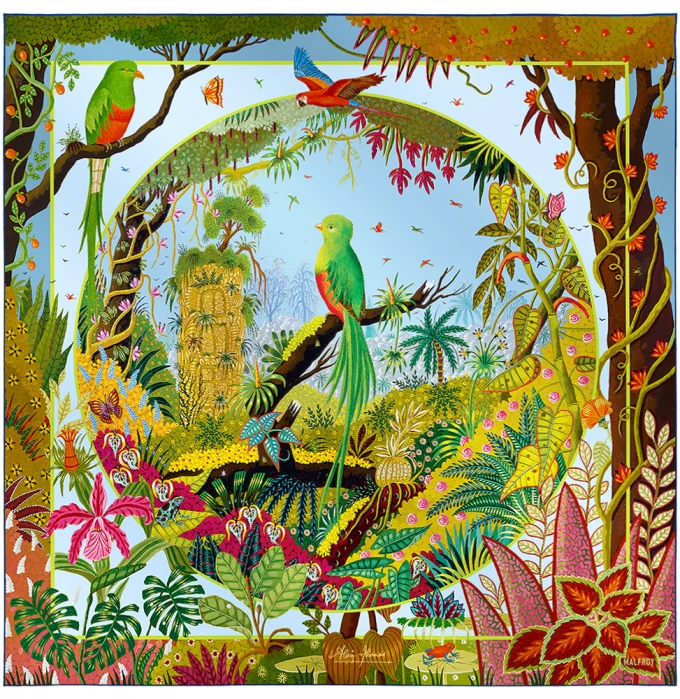 Carré de soie 90, twill de soie imprimé Quetzal au jardin d'Eden de l'artiste Alain Thomas - Bleu