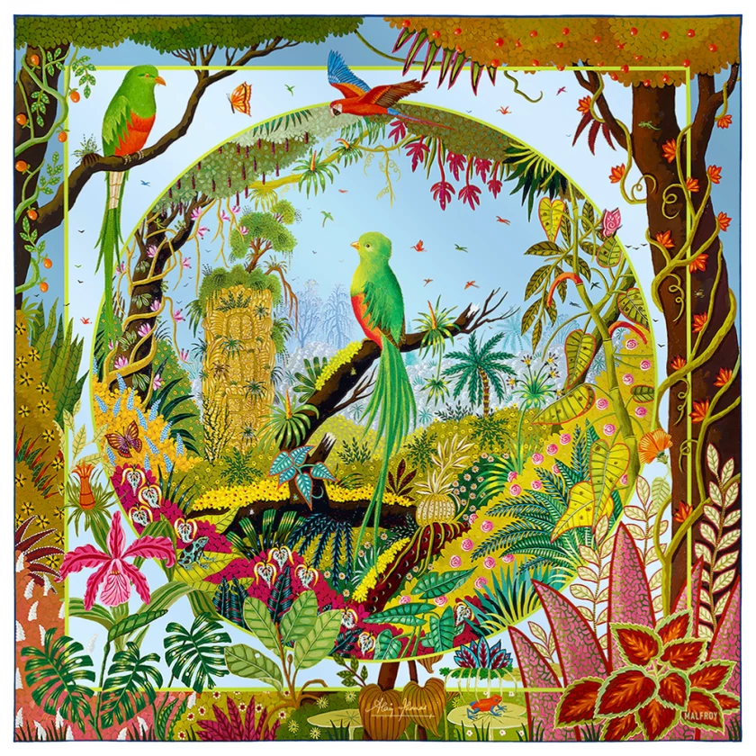 Carré de soie 90, twill de soie imprimé Quetzal au jardin d'Eden de l'artiste Alain Thomas - Bleu
