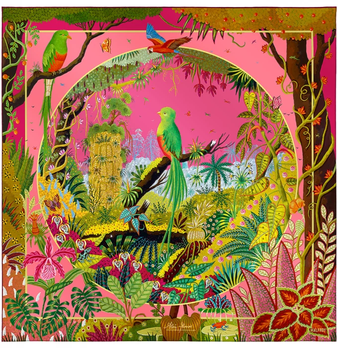 Carré de soie 90, twill de soie imprimé Quetzal au jardin d'Eden de l'artiste Alain Thomas - Fuchsia