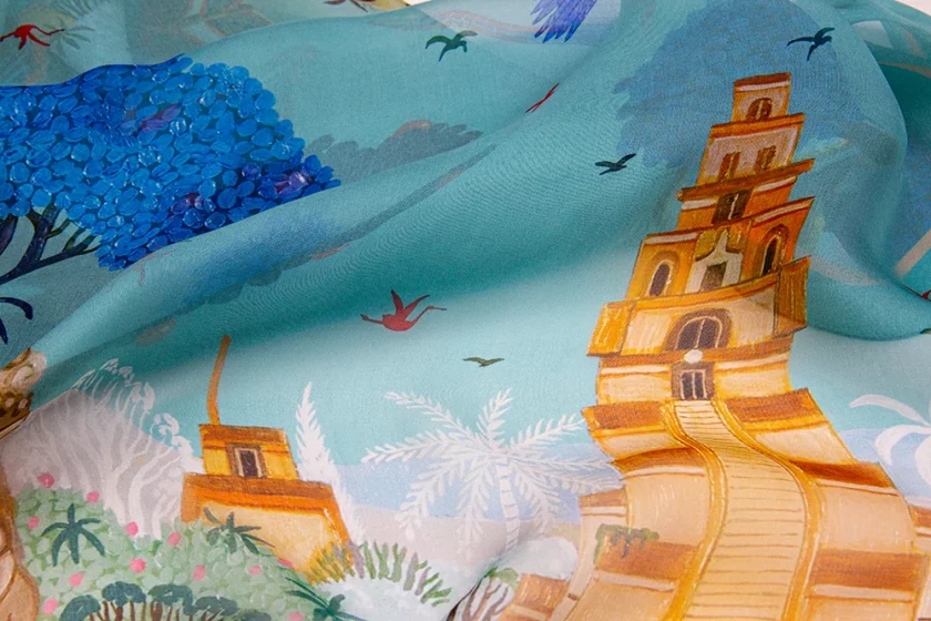 Echarpe en soie 67x180, mousseline de soie imprimée Ara du Mexique de l'Artiste Alain Thomas - Vert