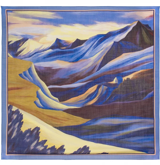 Carré en laine et soie 120 imprimée L'Abri de l'artiste Clara Debray - Bleu