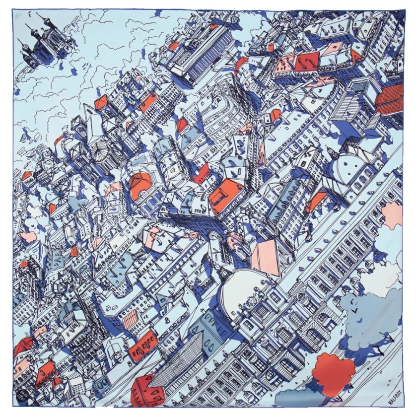 Carré de soie 90, twill de soie imprimé Lyon Grand Hôtel Dieu de l'Artiste Emilie Ettori - Bleu