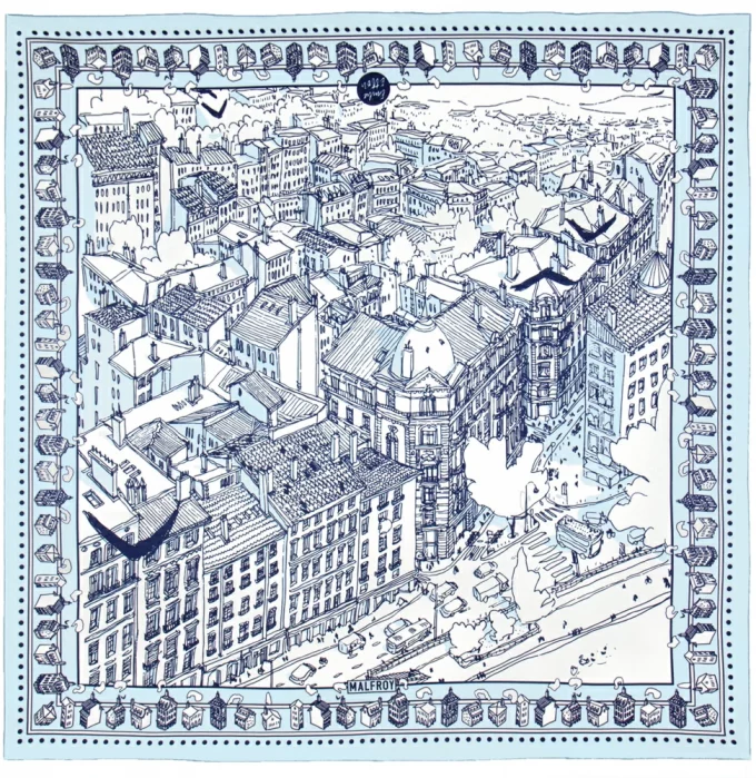Carré de soie 67, twill de soie imprimé Lyon Saint Vincent de l'Artiste Emilie Ettori col 1 Bleu