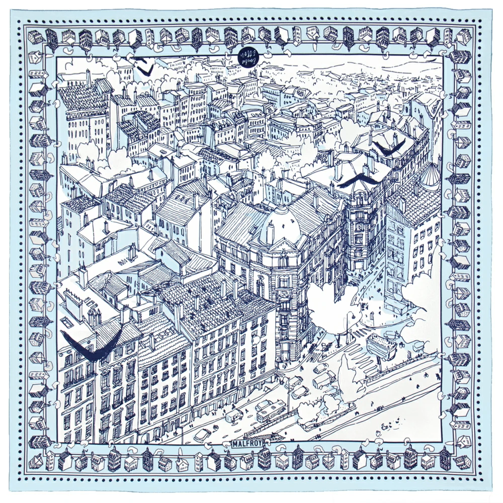 Carré de soie 67, twill de soie imprimé Lyon Saint Vincent de l'Artiste Emilie Ettori col 1 Bleu