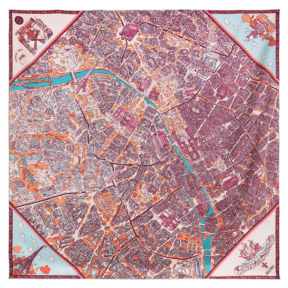 Carré de soie 90, twill de soie imprimé Plan de Paris de l'artiste Emilie Ettori - Rose