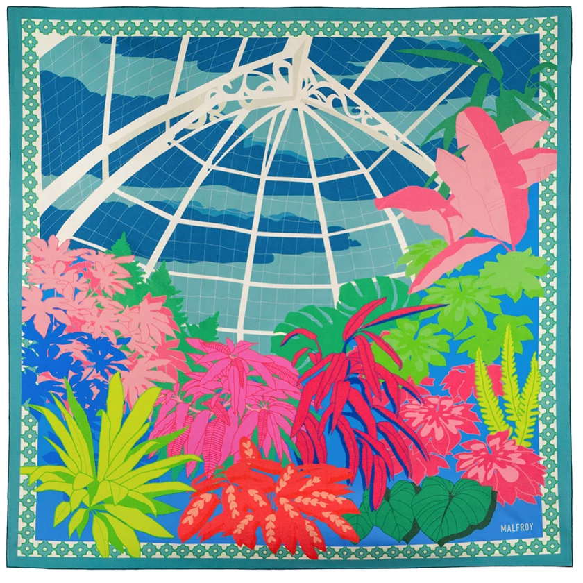 Carré de soie 67, pongé de soie imprimé La Serre Tropicale - Bleu
