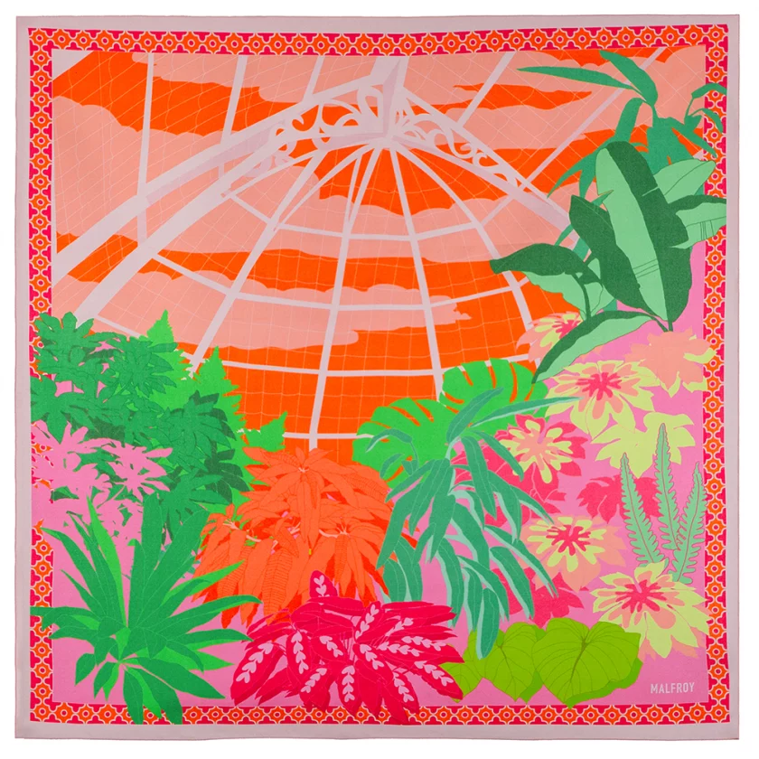 Carré de soie 67, pongé de soie imprimé La Serre Tropicale - Orange
