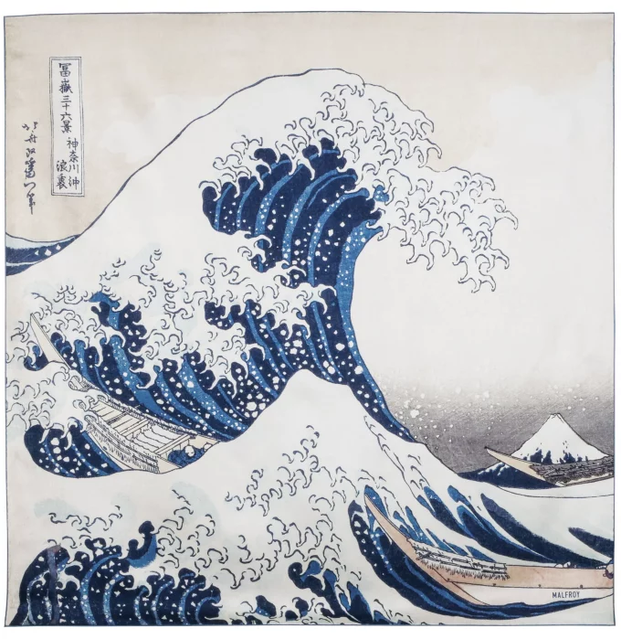 Carré de soie 90, twill de soie imprimé Katsushika Hokusaï, la vague col 1 Bleu