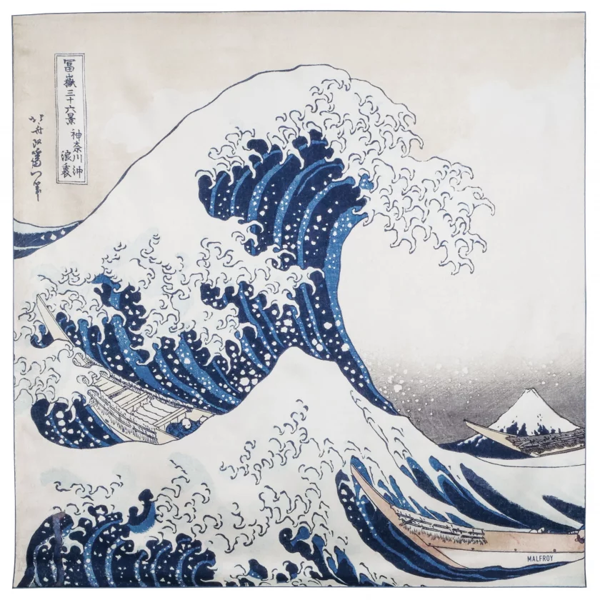 Carré de soie 90, twill de soie imprimé Katsushika Hokusaï, la vague col 1 Bleu