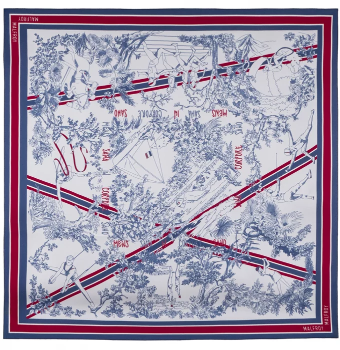 Carré de soie 67, twill de soie imprimé Toile de Jouy Sport - Bleu