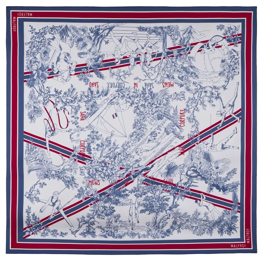 Carré de soie 67, twill de soie imprimé Toile de Jouy Sport - Bleu