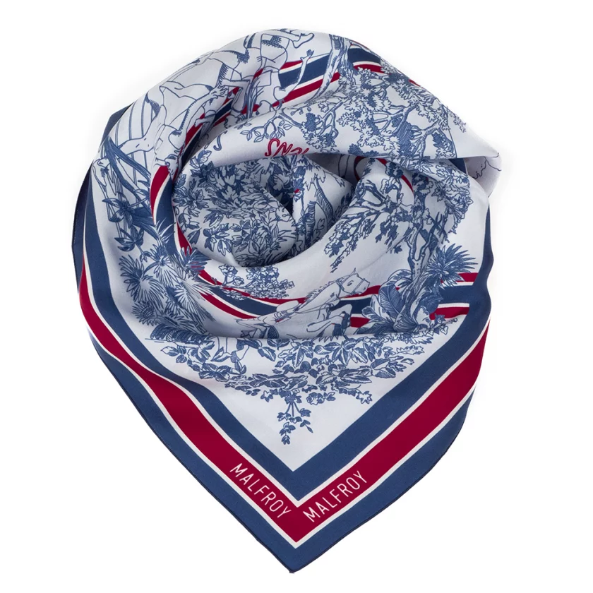 Carré de soie 67, twill de soie imprimé Toile de Jouy Sport - Bleu