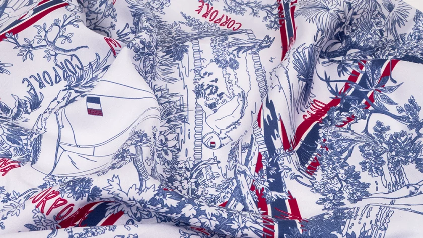 Carré de soie 67, twill de soie imprimé Toile de Jouy Sport - Bleu