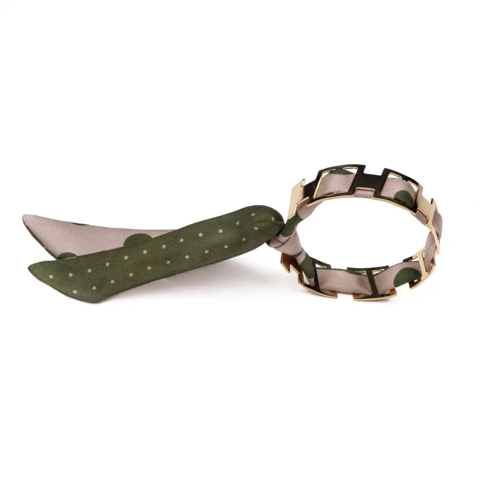 Bracelet doré et lien en twill de soie imprimée mini pois - Beige kaki